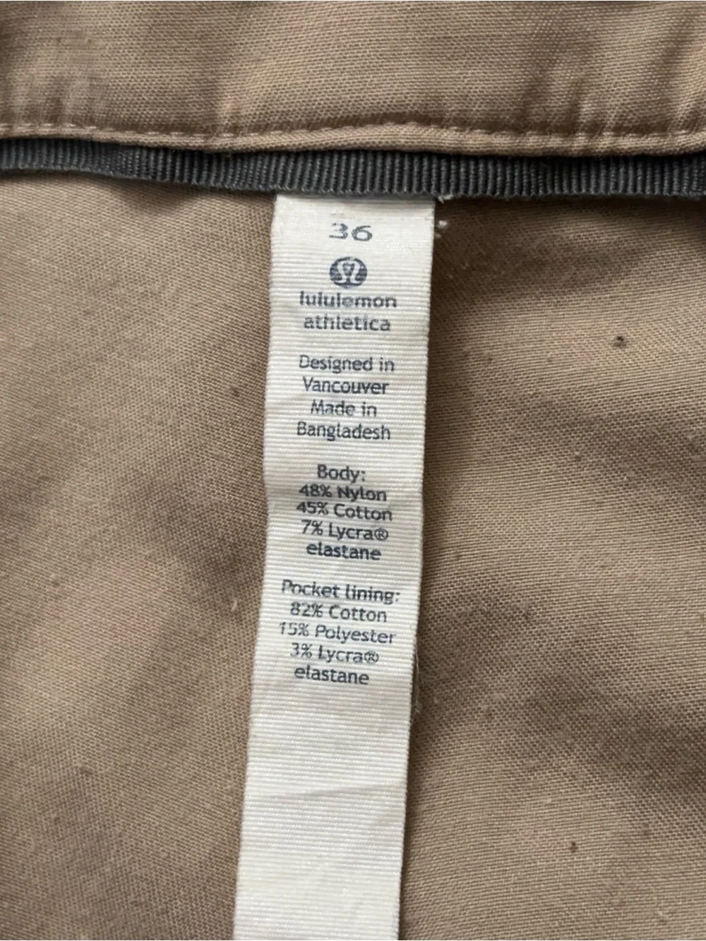 Lululemon Commission Pants Mens Size 36 Slim Fit 5-Pockets Stretch Beige